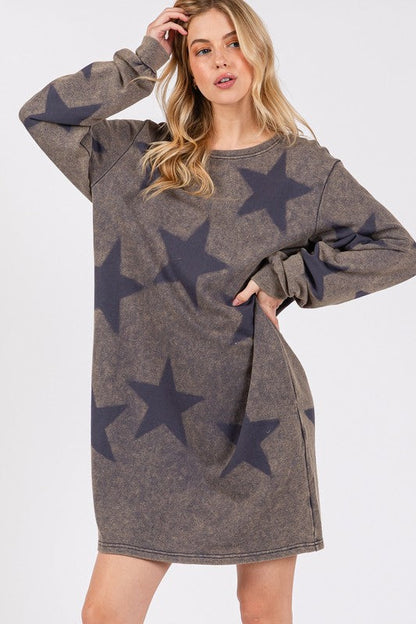 SAGE + FIG Washed Star Print Round Neck Dress Trendsi