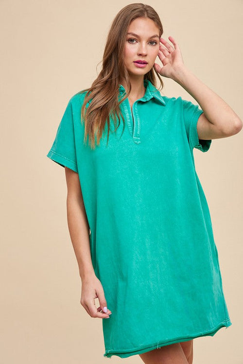 Annie Wear Mineral Washed Johnny Collar Short Sleeve Dress Trendsi