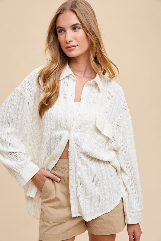 Annie Wear Openwork Button Down Drop Shoulder Shirt Trendsi