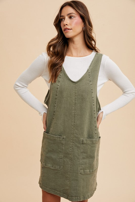 Annie Wear V-Neck Adjustable Strap Denim Overall Dress with Pockets Trendsi