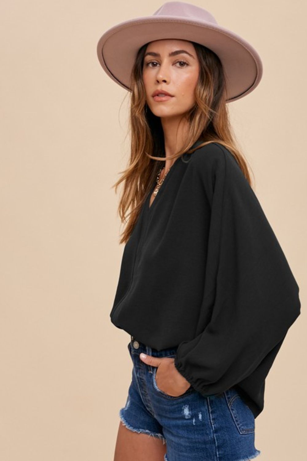 Annie Wear Notched Batwing Sleeve Blouse Trendsi