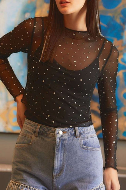 Rhinestone Sheer Mesh Mock Neck Long Sleeve Top Trendsi