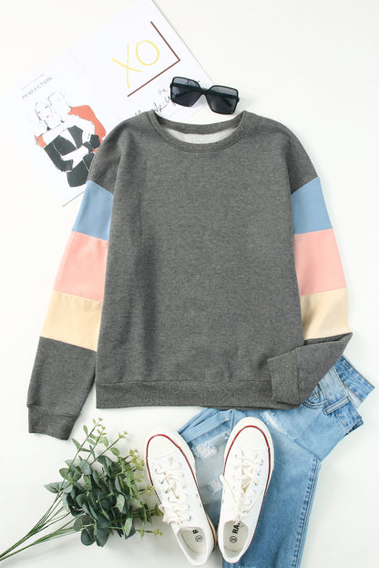 Color Block Round Neck Long Sleeve Sweatshirt Trendsi