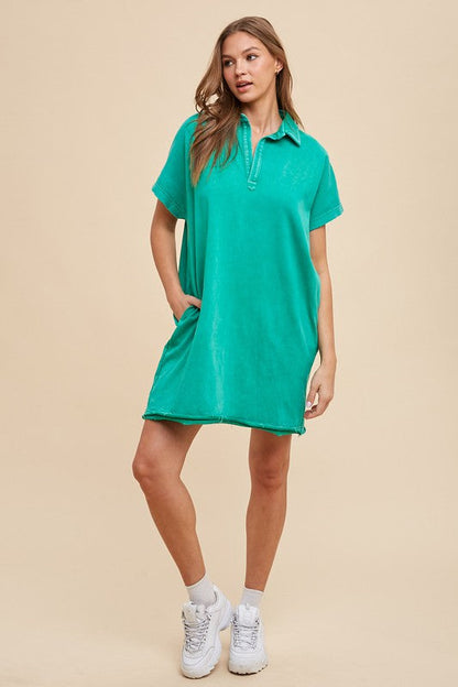 Annie Wear Mineral Washed Johnny Collar Short Sleeve Dress Trendsi