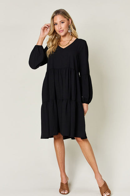 Double Take Full Size V-Neck Balloon Sleeve Tiered Dress with Pockets Trendsi