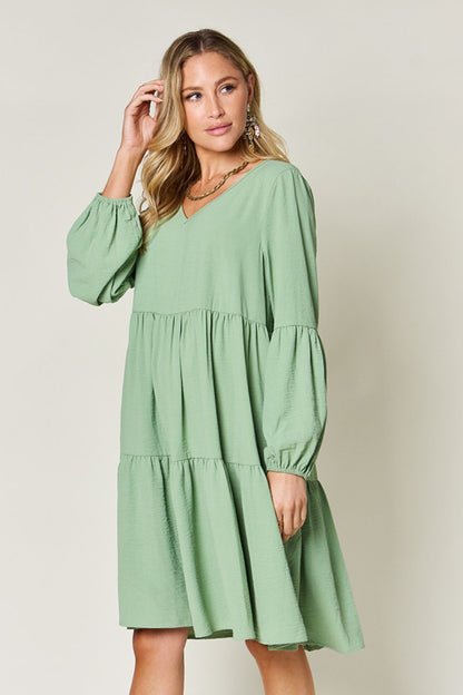 Double Take Full Size V-Neck Balloon Sleeve Tiered Dress with Pockets Trendsi