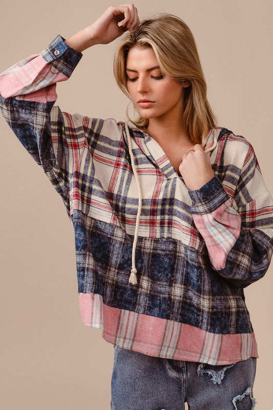 BiBi Drawstring Plaid Drop Shoulder Hoodie Trendsi