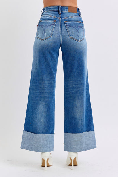 Judy Blue Full Size Distressed High Waist Wide Leg Jeans Trendsi