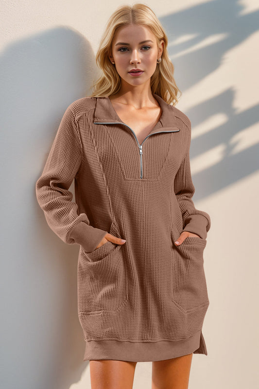 Double Take Waffle Long Sleeve Mini Dress with Pockets Trendsi