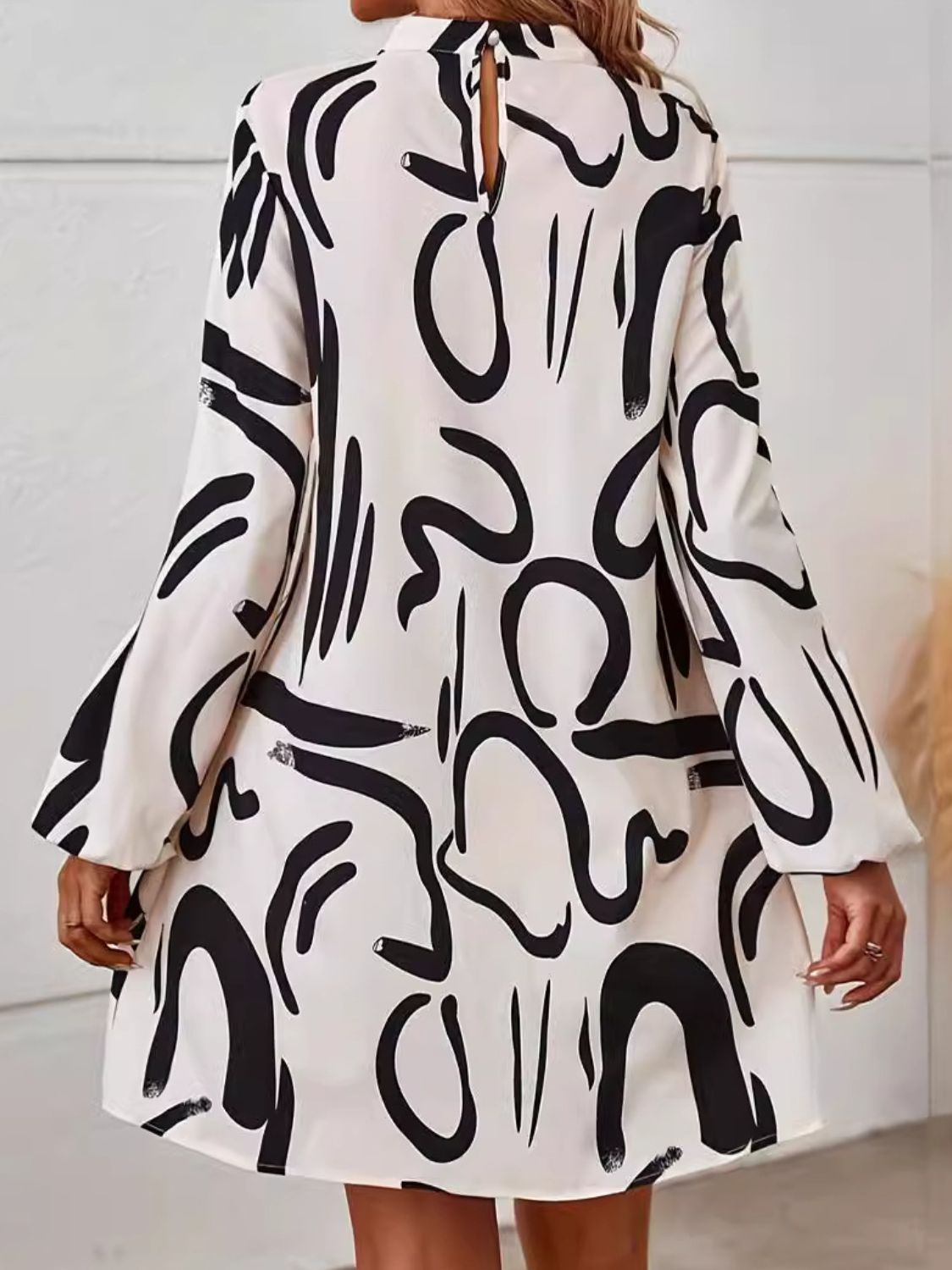 Printed Mock Neck Long Sleeve Mini Dress Trendsi