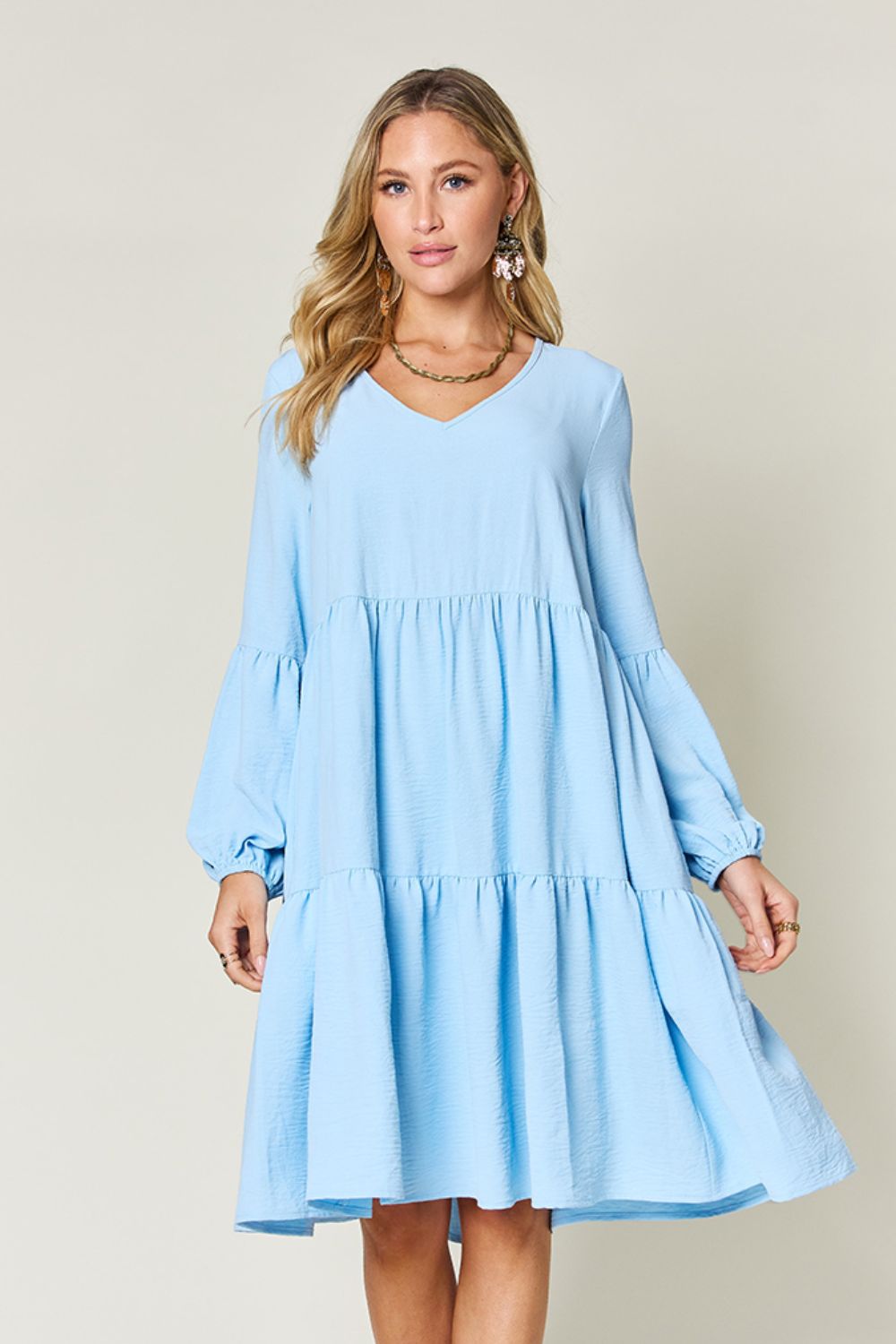 Double Take Full Size V-Neck Balloon Sleeve Tiered Dress with Pockets Trendsi