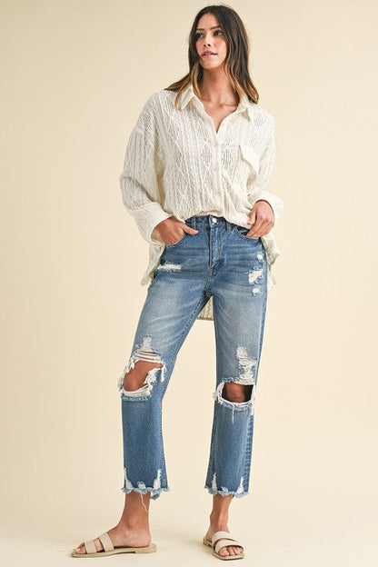 Annie Wear Distressed Raw Hem Cropped Jeans Trendsi