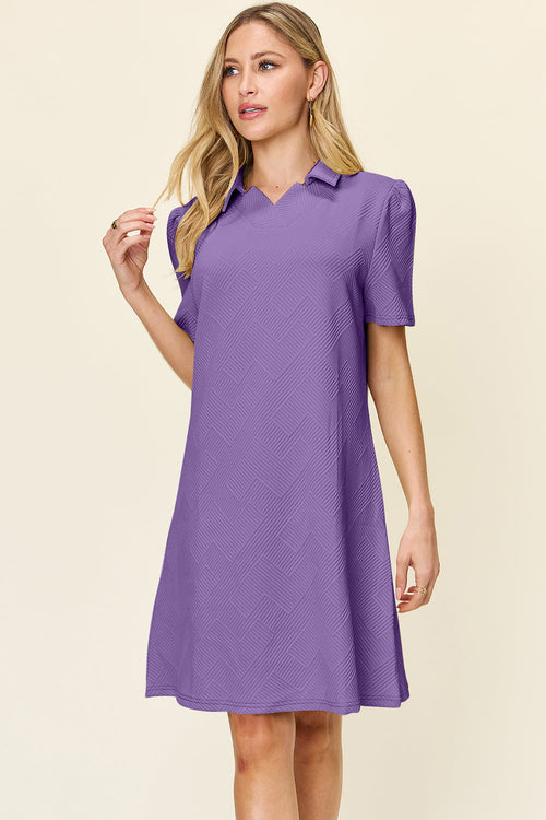 Double Take Full Size Texture Collared Neck Short Sleeve Dress Trendsi