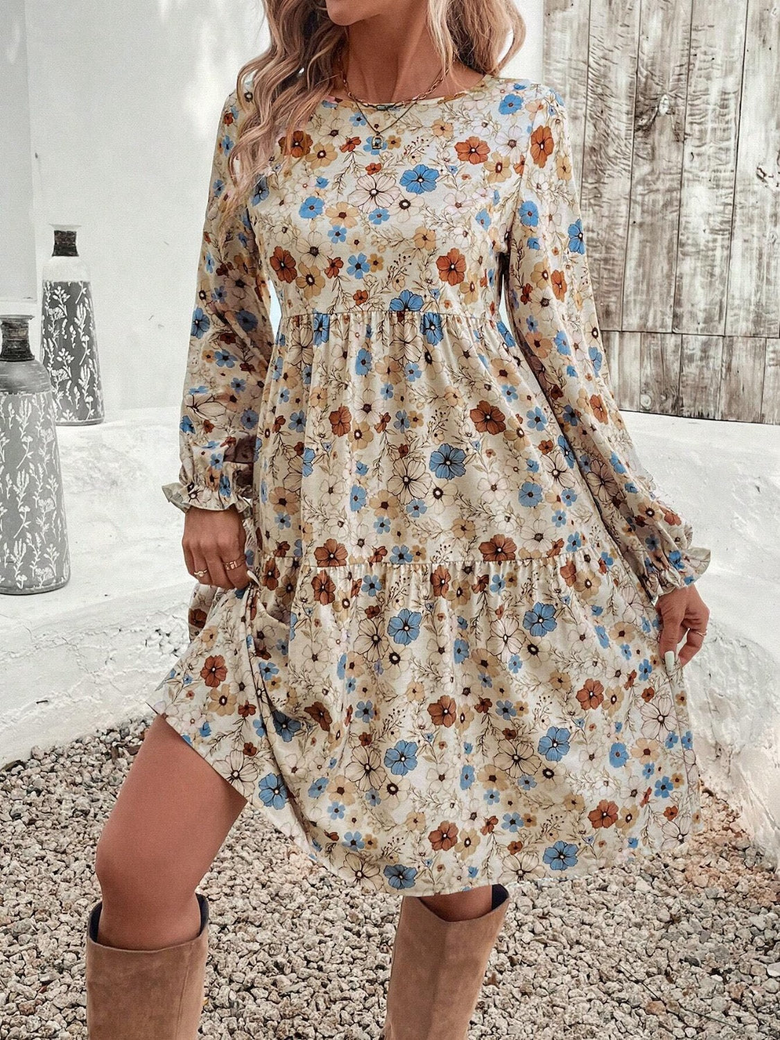 Tiered Floral Round Neck Long Sleeve Dress Trendsi