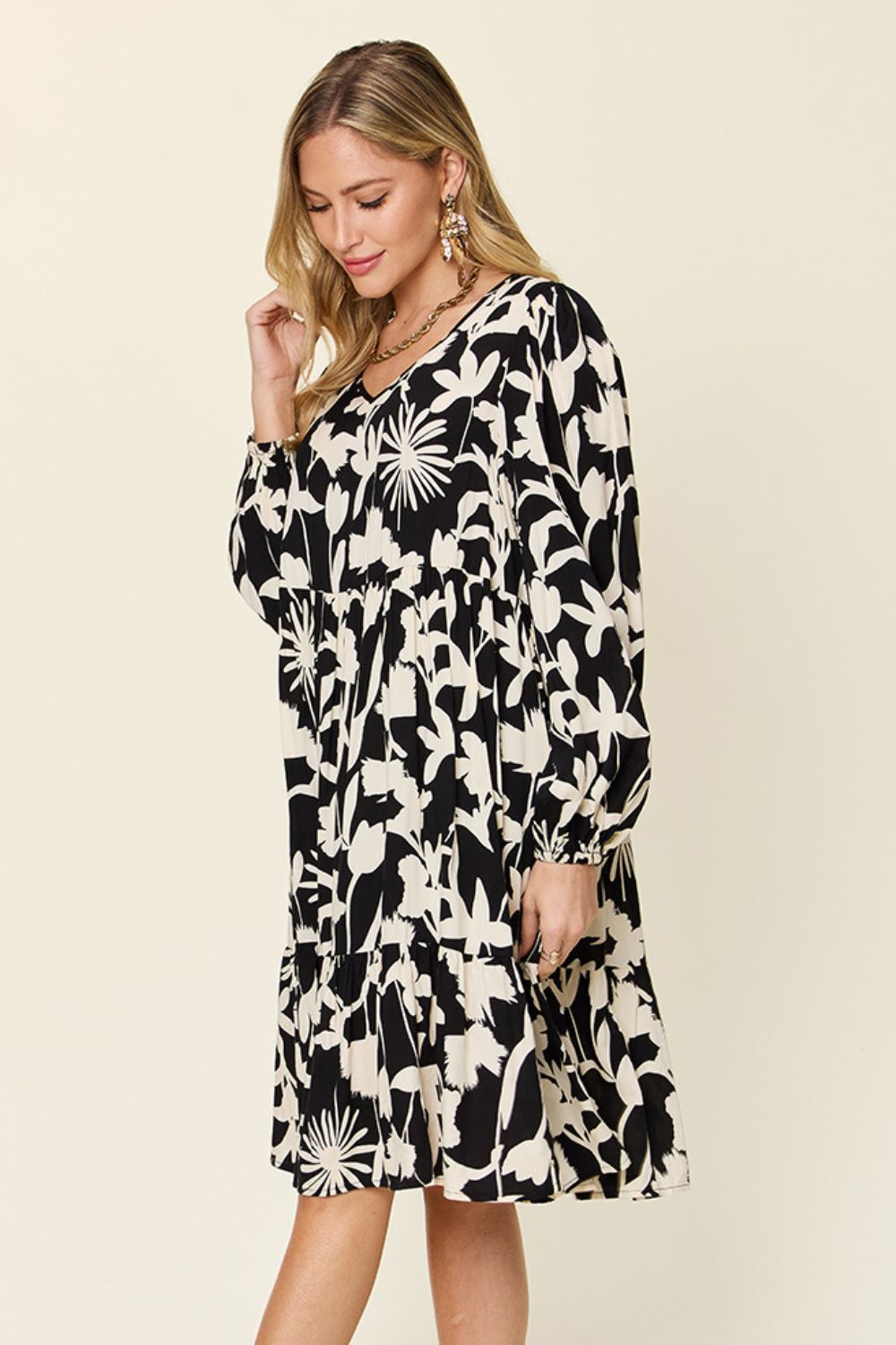 Double Take Full Size Printed Ruffle Hem Dress with Pocket Trendsi