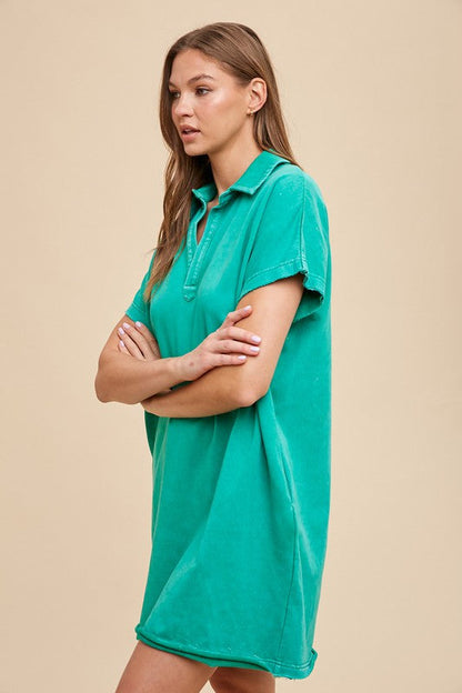 Annie Wear Mineral Washed Johnny Collar Short Sleeve Dress Trendsi