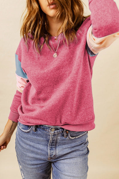 Color Block Round Neck Long Sleeve Sweatshirt Trendsi