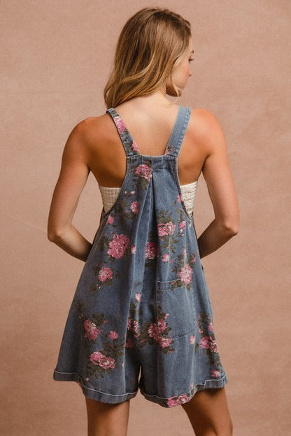 BiBi Flower Printed Wide Strap Denim Overalls Trendsi